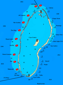 L'atollo di Chinchorro con indicati i siti d'immeriosione