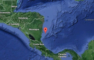 Il punto rosso indica la posizione di Corn Island al largo delle coste del Nicaragua