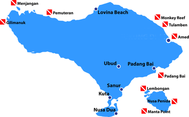 L'isola di Bali. Le bandierine indicano le soste e le immersioni