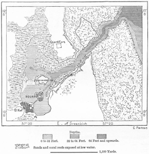 Mappa di Suakin del 1882. Si nota bene il canale di ingresso all'isola dove si trova la città