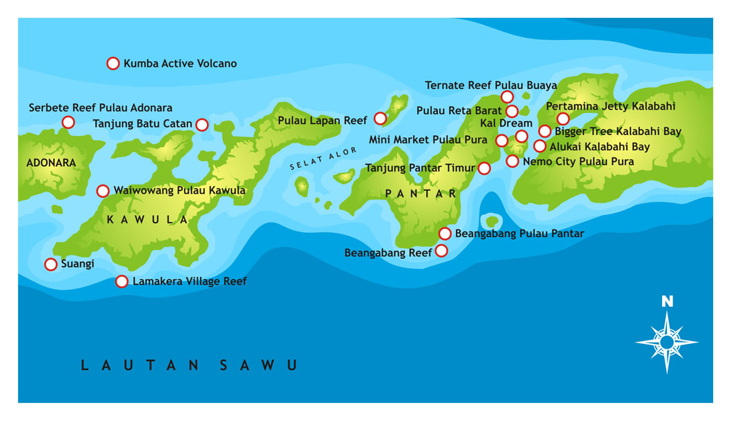 Mappa di Alor con i siti d'immersione
